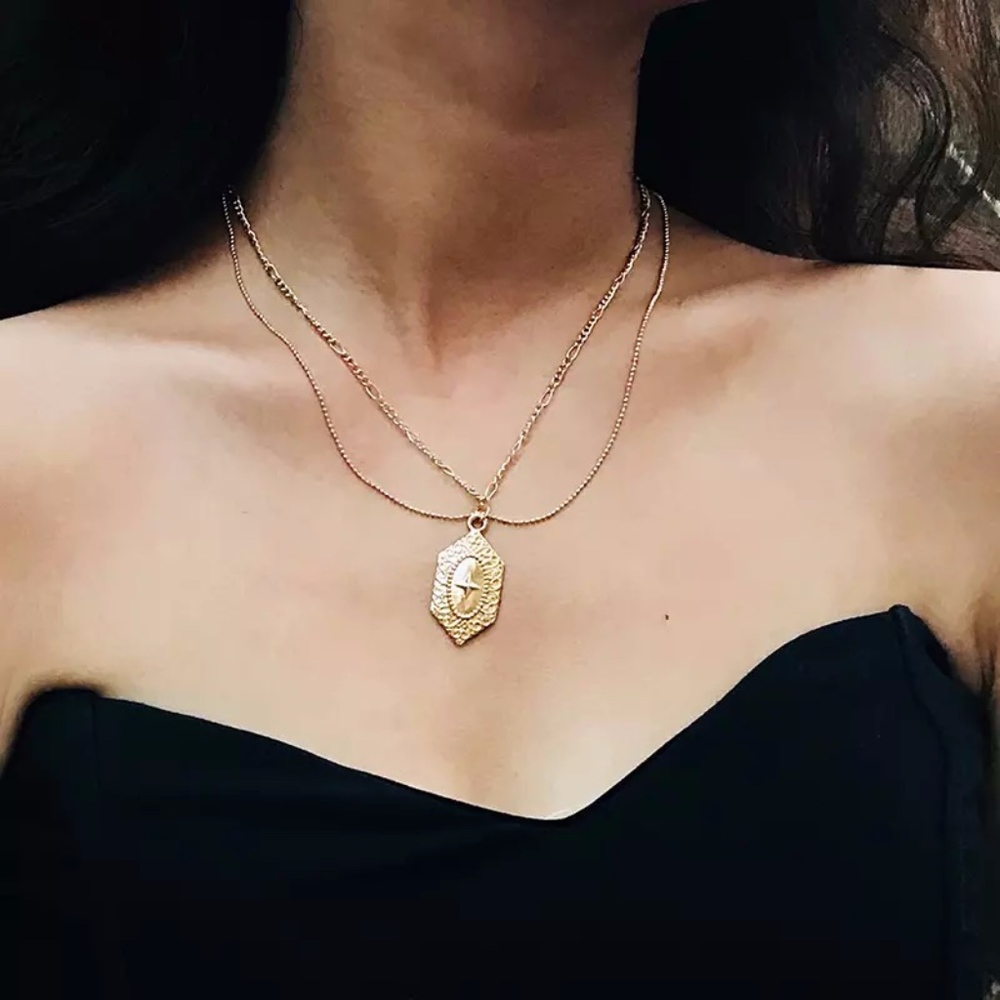 'Warrior' Layered Cross Shield Gold Necklace